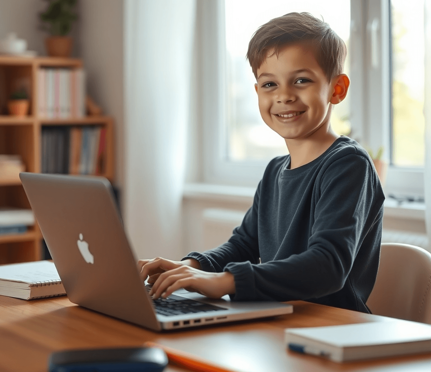 Child at laptop in bright home study